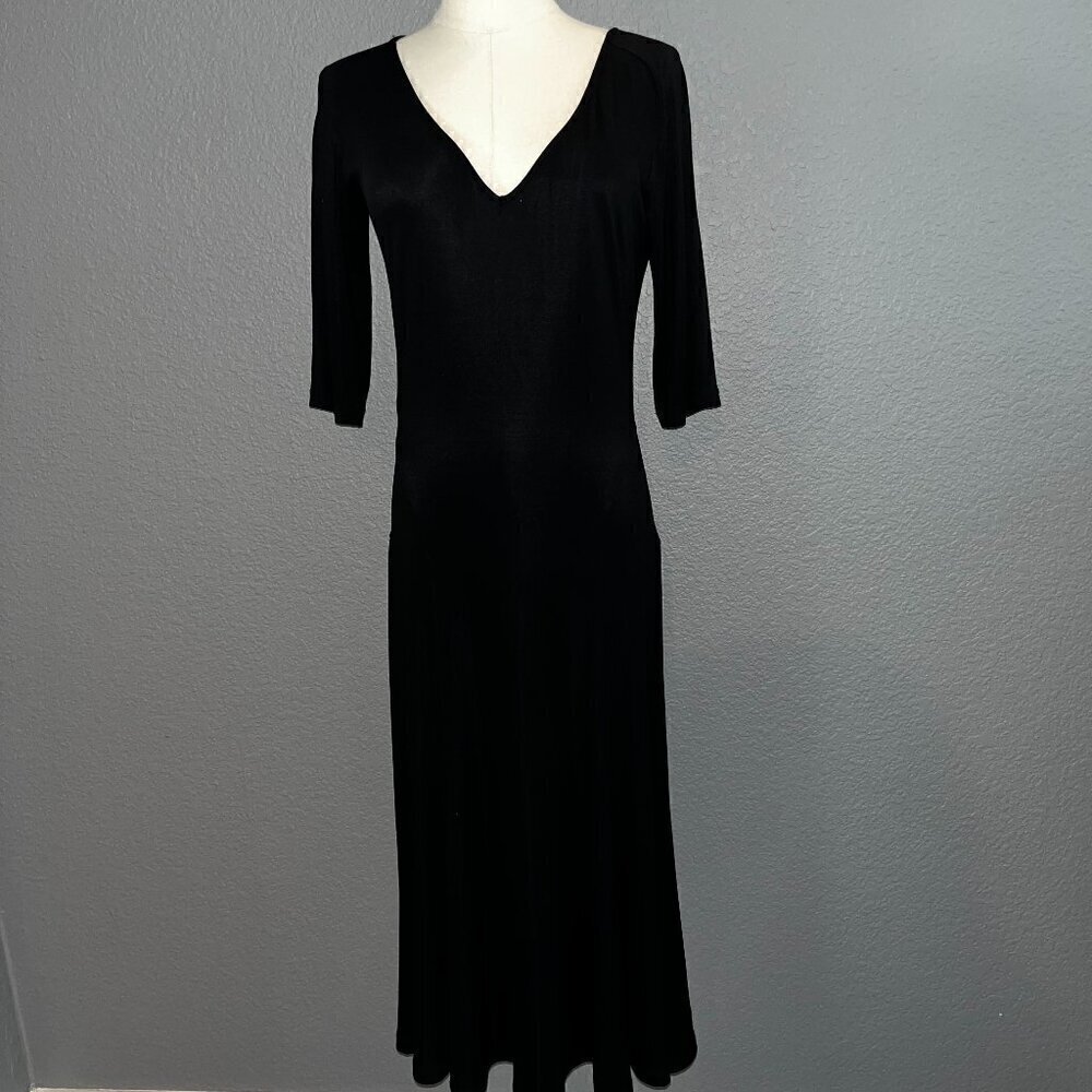 DROZDZIK Black Jersey Knit V-Neck Elbow Length Sleeve - Godet Panel Style Skirt